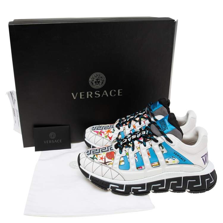 Pre Owned Versace White Leather  And Canvas Tresor de la mer Trigreca Lace Up Sneakers Size 39