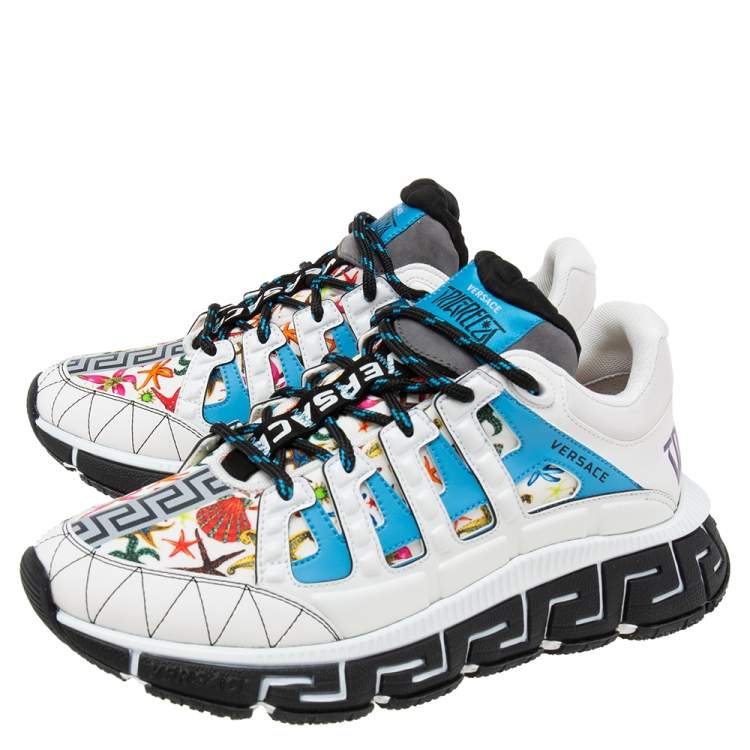 Pre Owned Versace White Leather  And Canvas Tresor de la mer Trigreca Lace Up Sneakers Size 39