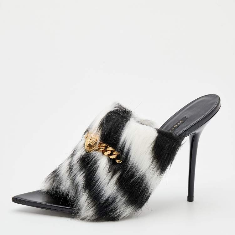 Pre Owned Versace Black/White Faux Fur Medusa Chain Slide Sandals Size 39.5