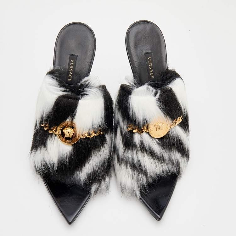 Pre Owned Versace Black/White Faux Fur Medusa Chain Slide Sandals Size 39.5