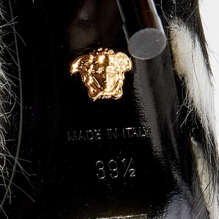 Pre Owned Versace Black/White Faux Fur Medusa Chain Slide Sandals Size 39.5