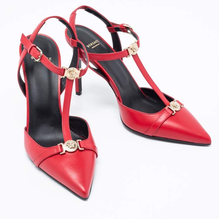Pre Owned Versace Red Leather Medusa Slingback Pumps Size 39