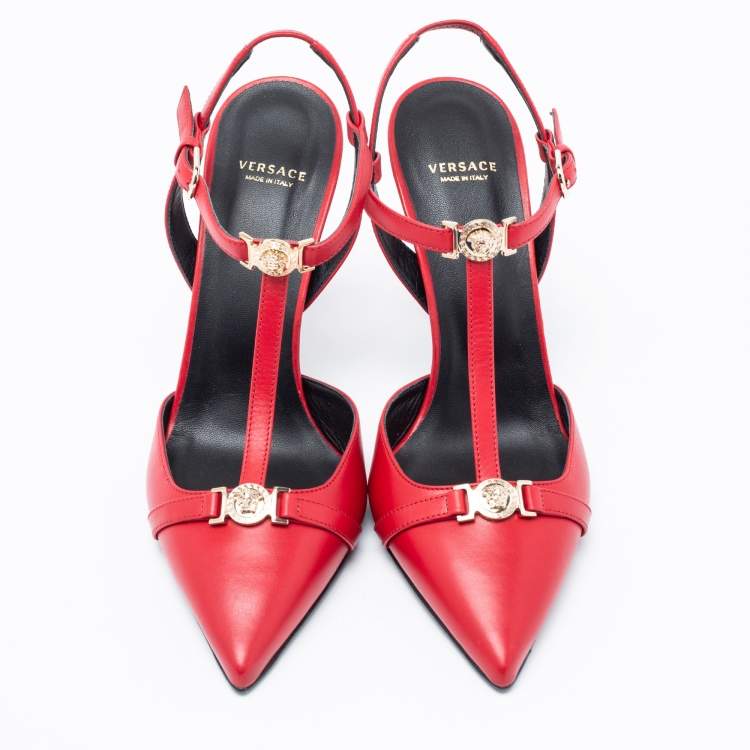 Pre Owned Versace Red Leather Medusa Slingback Pumps Size 39