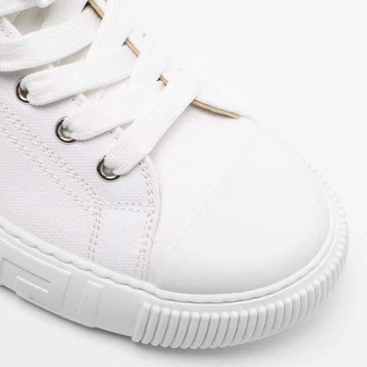 Pre Owned Versace White Canvas Greca Medusa Logo Patch High Top Sneakers Size 39
