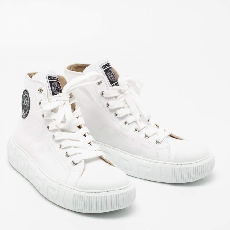 Pre Owned Versace White Canvas Greca Medusa Logo Patch High Top Sneakers Size 39