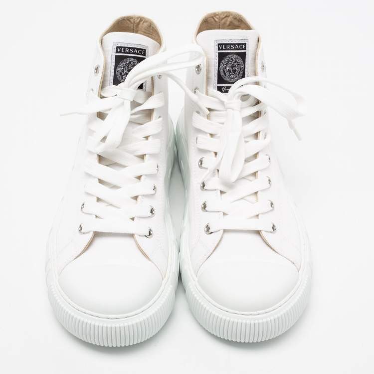 Pre Owned Versace White Canvas Greca Medusa Logo Patch High Top Sneakers Size 39