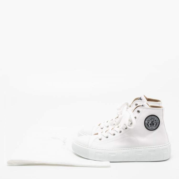 Pre Owned Versace White Canvas Greca Medusa Logo Patch High Top Sneakers Size 39