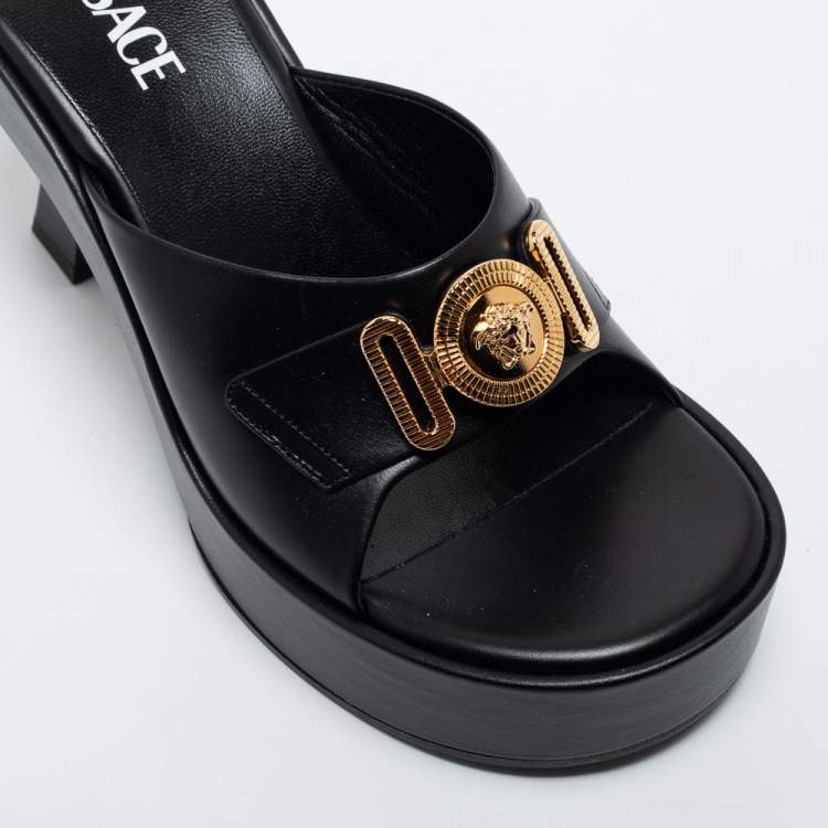 Pre Owned Versace Black Leather Medusa Sandals Size 39