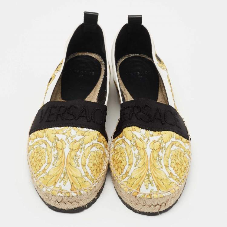 Pre Owned Versace Yellow/White  Baroccoo Print Espadrille Flats Size 38