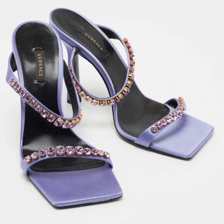 Pre Owned Versace Purple Satin Crystal Embellished Square Toe Slide Sandals Size 40