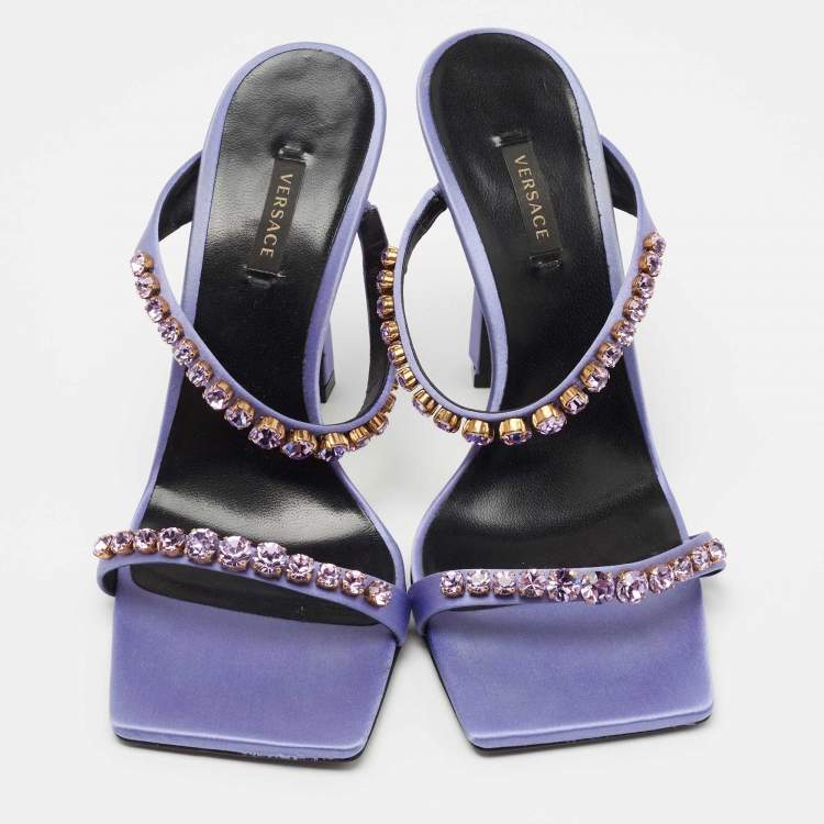 Pre Owned Versace Purple Satin Crystal Embellished Square Toe Slide Sandals Size 40