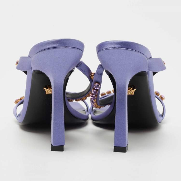 Pre Owned Versace Purple Satin Crystal Embellished Square Toe Slide Sandals Size 40