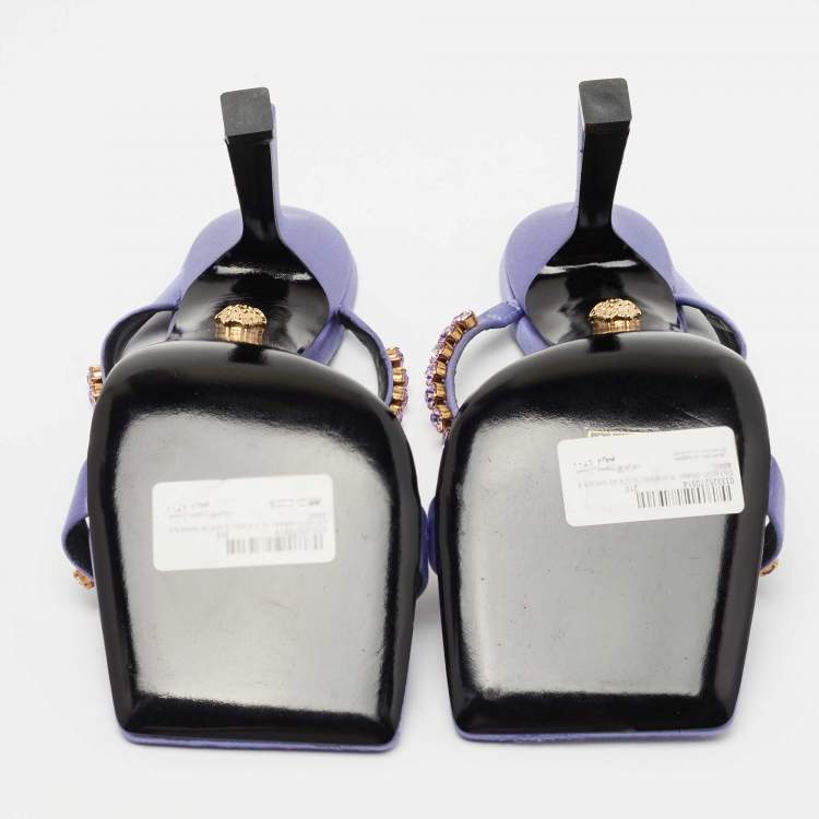 Pre Owned Versace Purple Satin Crystal Embellished Square Toe Slide Sandals Size 40