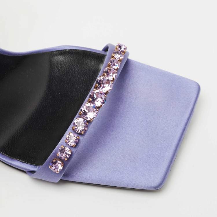 Pre Owned Versace Purple Satin Crystal Embellished Square Toe Slide Sandals Size 40