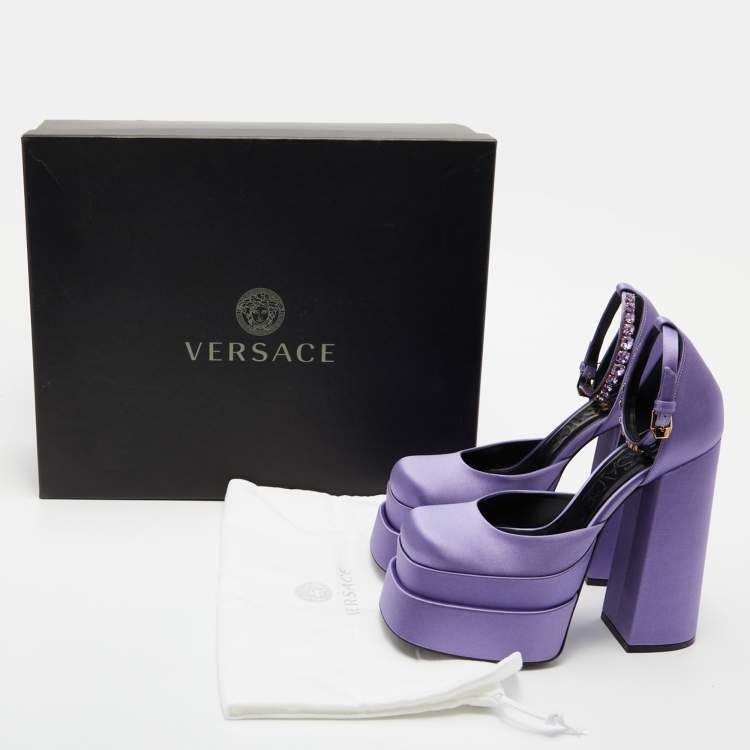 Pre Owned Versace Purple Satin Medusa Aevitas Double Platform Pumps Size 38