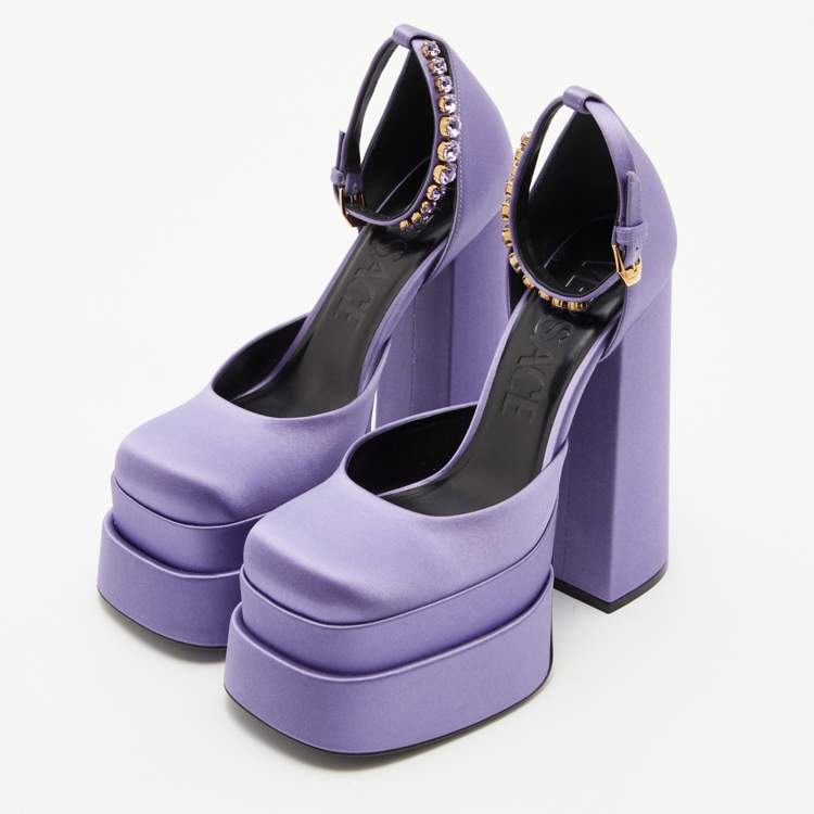Versace Purple Satin Medusa Aevitas Double Platform Pumps Size 38