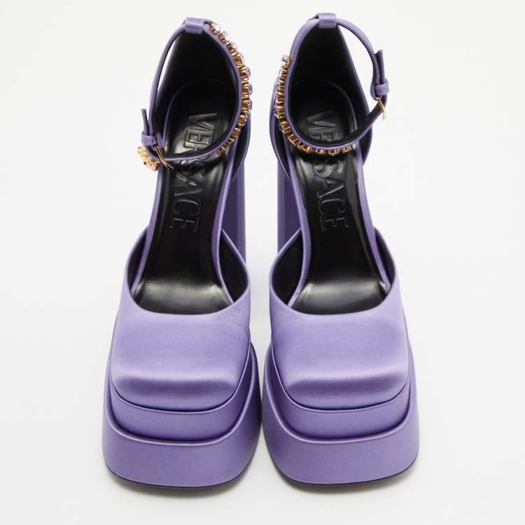 Pre Owned Versace Purple Satin Medusa Aevitas Double Platform Pumps Size 38