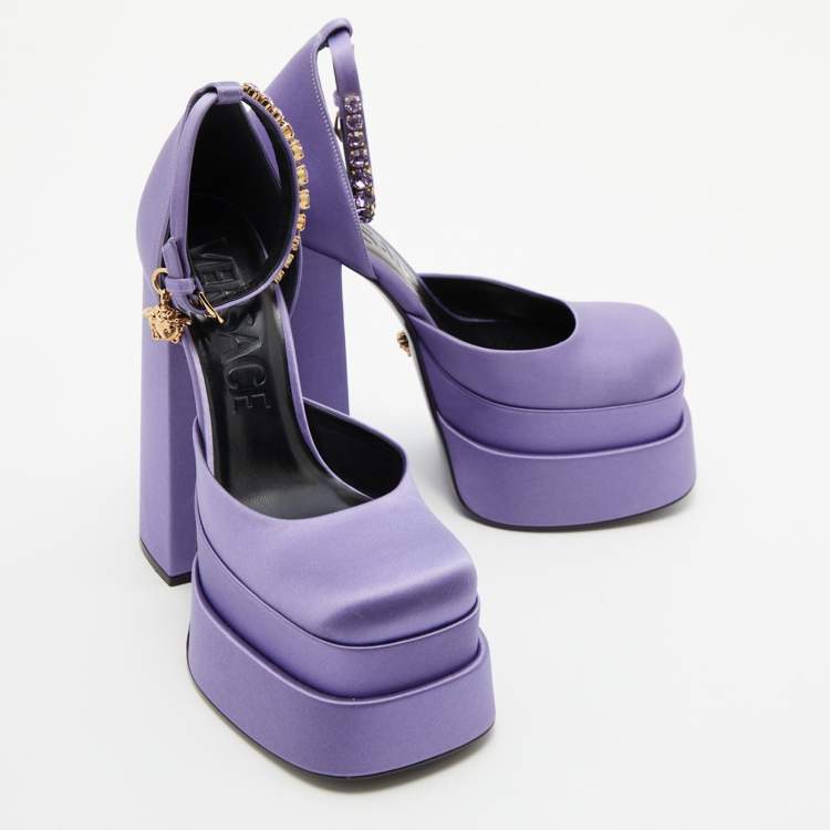 Pre Owned Versace Purple Satin Medusa Aevitas Double Platform Pumps Size 38
