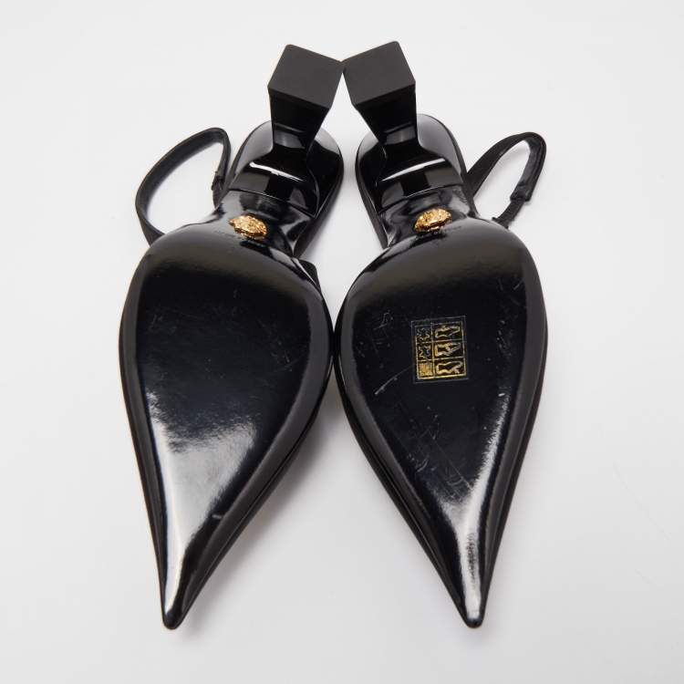 Pre Owned Versace Black Satin Crystal La Medusa Slingback Pumps Size 37