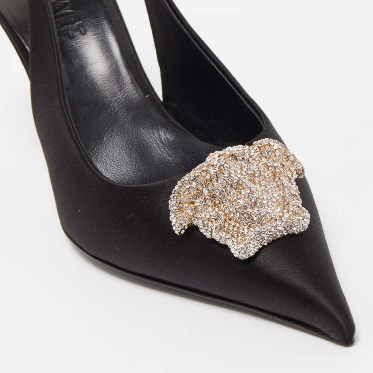 Pre Owned Versace Black Satin Crystal La Medusa Slingback Pumps Size 37