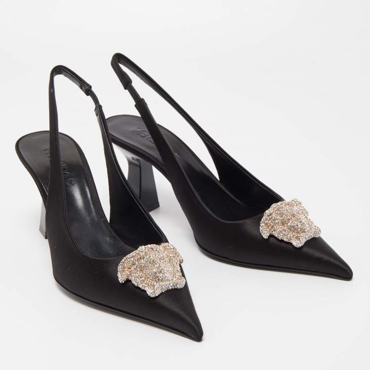 Pre Owned Versace Black Satin Crystal La Medusa Slingback Pumps Size 37
