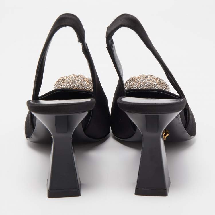 Pre Owned Versace Black Satin Crystal La Medusa Slingback Pumps Size 37