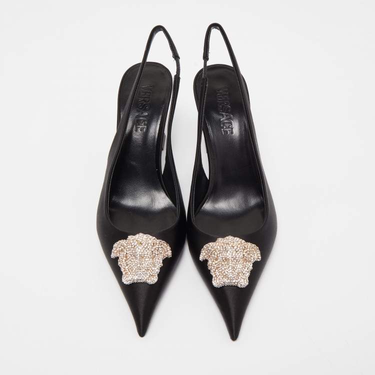 Pre Owned Versace Black Satin Crystal La Medusa Slingback Pumps Size 37