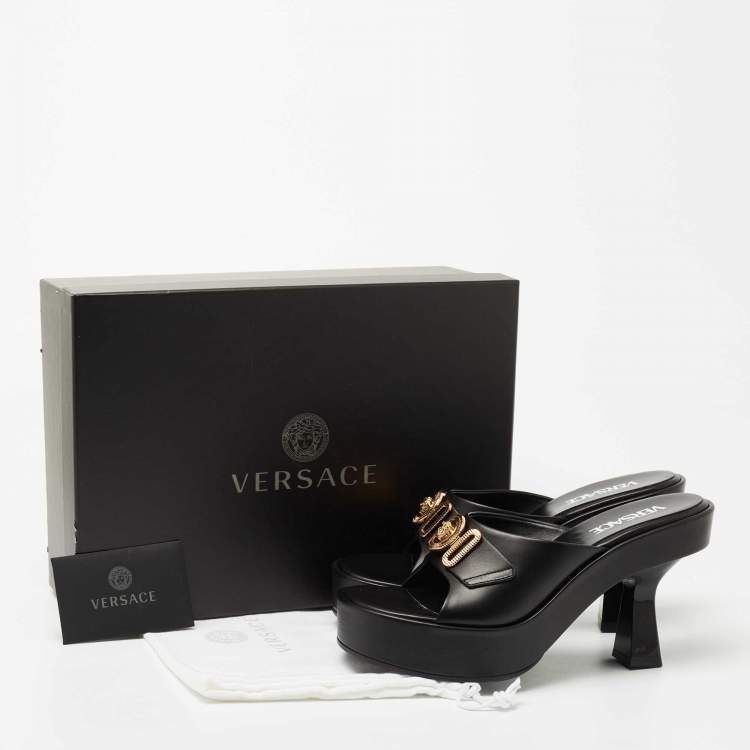 Pre Owned Versace Black Leather Medusa Biggie Platform Slides Sandals Size 38