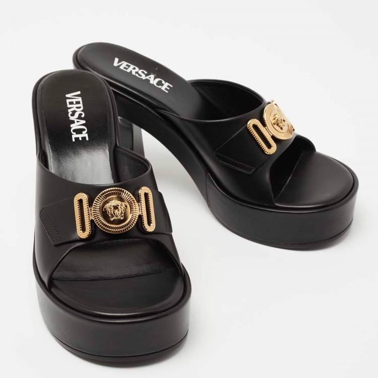 Pre Owned Versace Black Leather Medusa Biggie Platform Slides Sandals Size 38