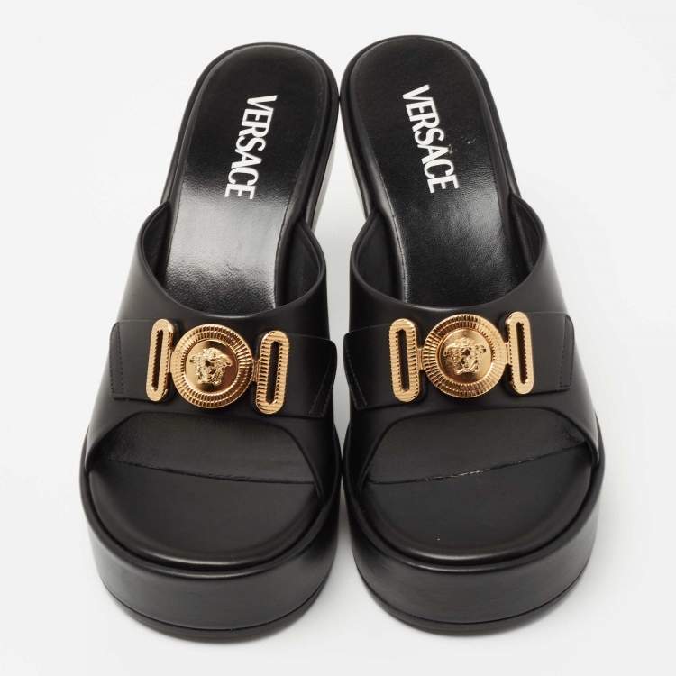 Pre Owned Versace Black Leather Medusa Biggie Platform Slides Sandals Size 38