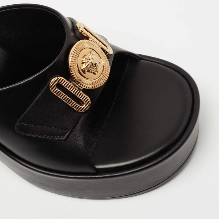 Pre Owned Versace Black Leather Medusa Biggie Platform Slides Sandals Size 38