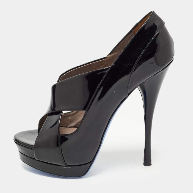 Pre Owned Versace Black Patent Leather Open Toe Platform Pumps Size 38.5