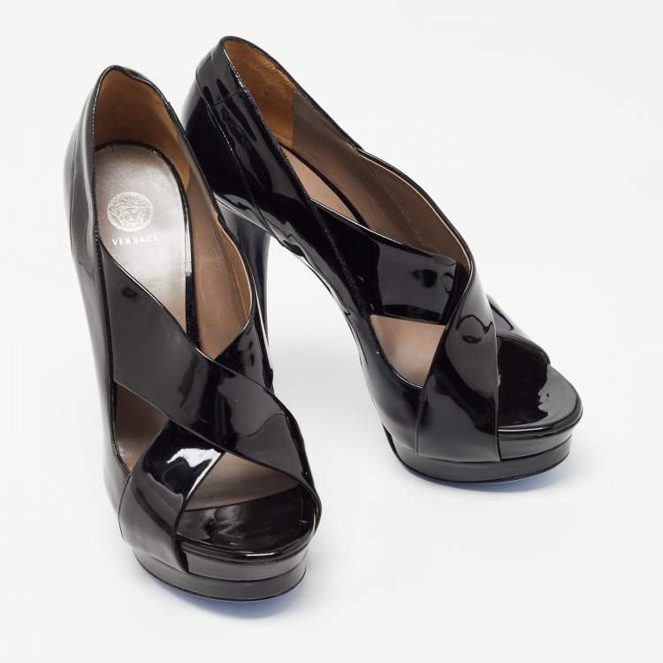 Pre Owned Versace Black Patent Leather Open Toe Platform Pumps Size 38.5