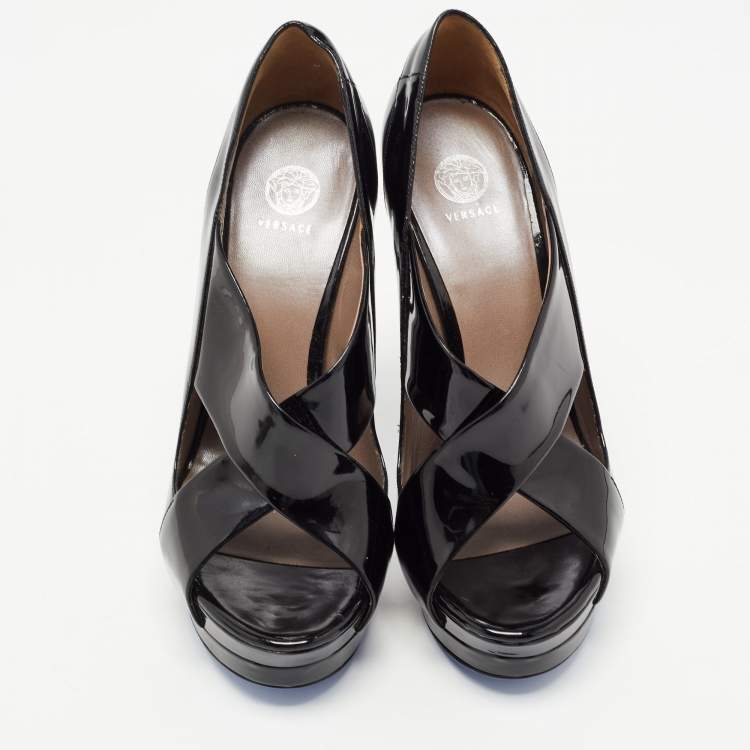 Pre Owned Versace Black Patent Leather Open Toe Platform Pumps Size 38.5