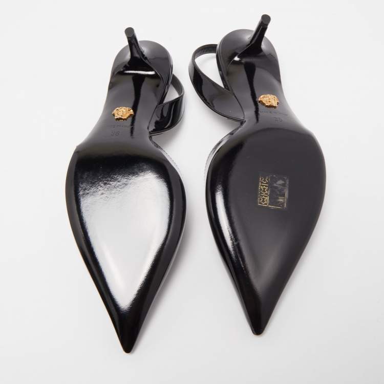 Pre Owned Versace Black Patent Leather Safety Pin Medusa Slingback Pumps Size 36