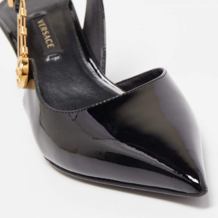 Pre Owned Versace Black Patent Leather Safety Pin Medusa Slingback Pumps Size 36