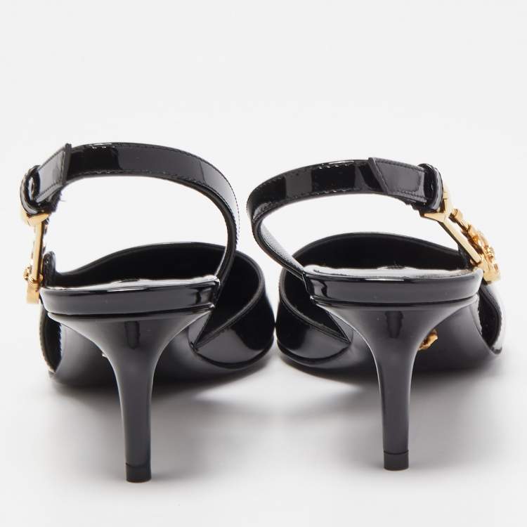 Pre Owned Versace Black Patent Leather Safety Pin Medusa Slingback Pumps Size 36