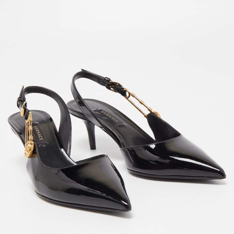 Pre Owned Versace Black Patent Leather Safety Pin Medusa Slingback Pumps Size 36