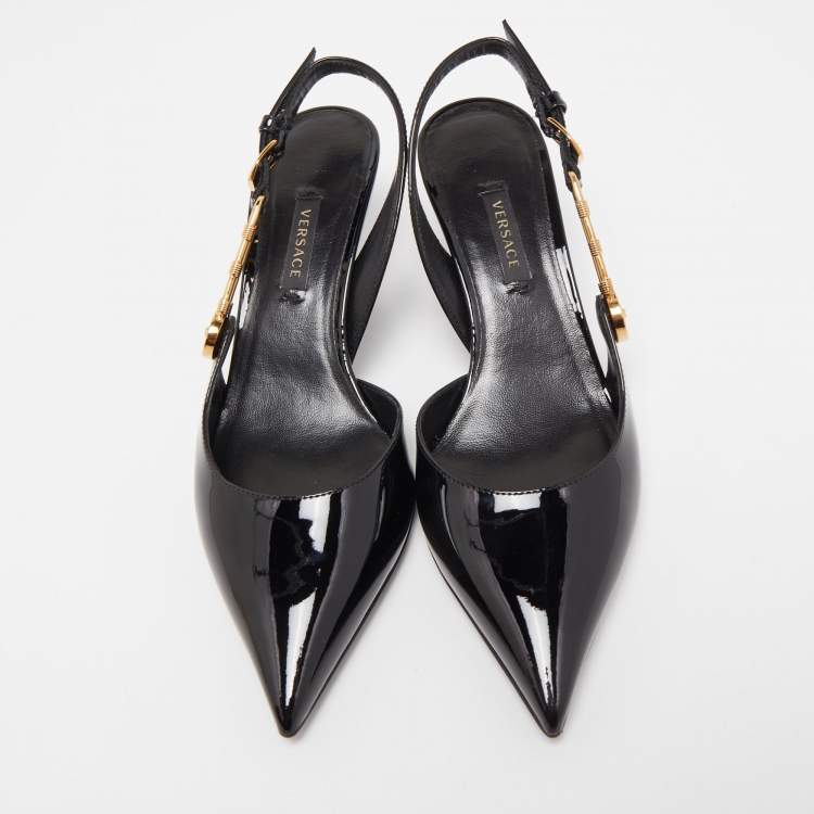 Pre Owned Versace Black Patent Leather Safety Pin Medusa Slingback Pumps Size 36
