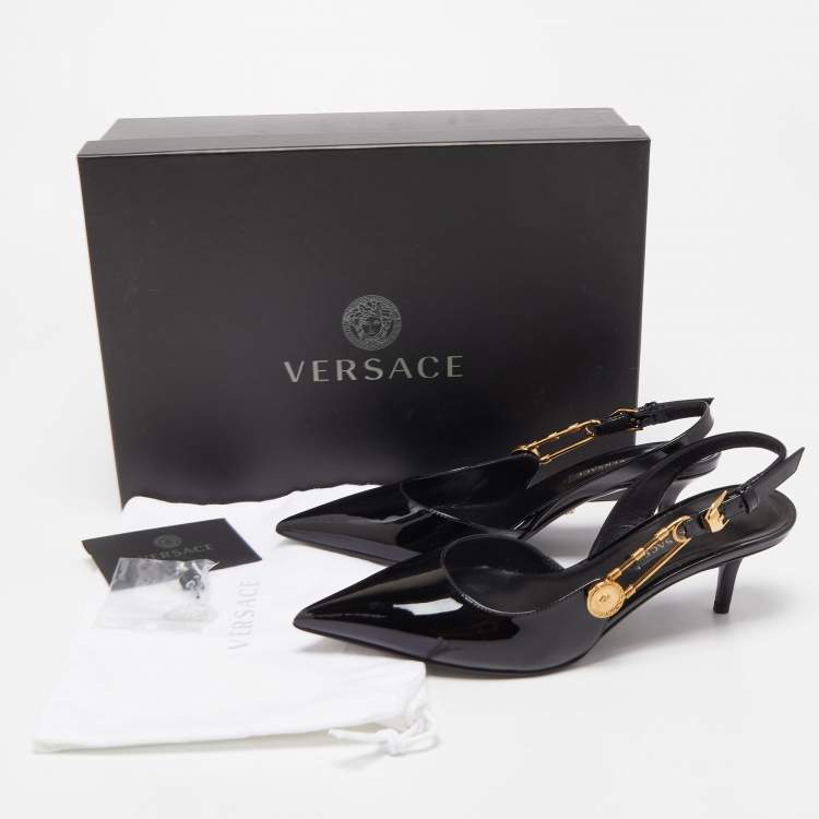 Pre Owned Versace Black Patent Leather Safety Pin Medusa Slingback Pumps Size 36