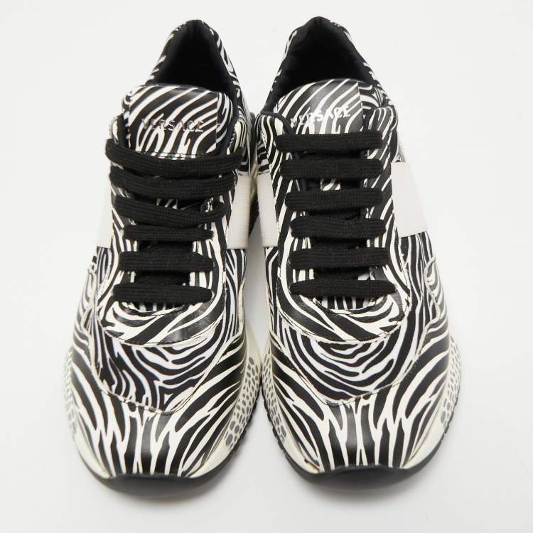Pre Owned Versace White/Black Zebra Print Leather and Fabric Achilles Sneakers Size 37.5