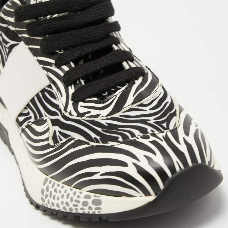 Pre Owned Versace White/Black Zebra Print Leather and Fabric Achilles Sneakers Size 37.5