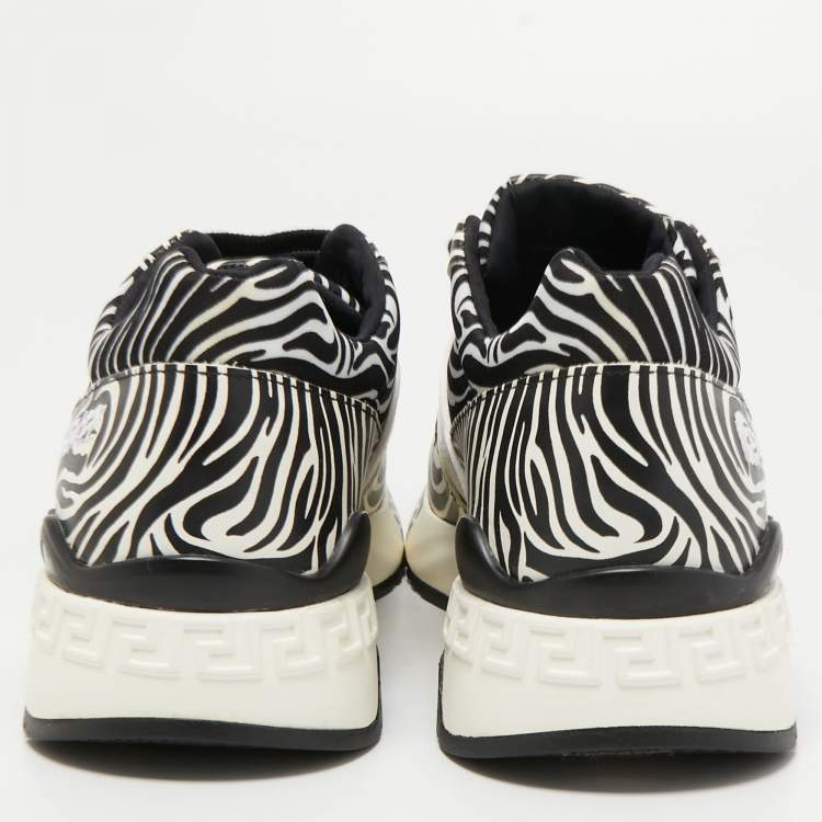 Pre Owned Versace White/Black Zebra Print Leather and Fabric Achilles Sneakers Size 37.5
