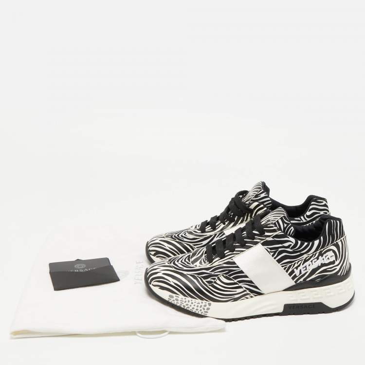 Pre Owned Versace White/Black Zebra Print Leather and Fabric Achilles Sneakers Size 37.5