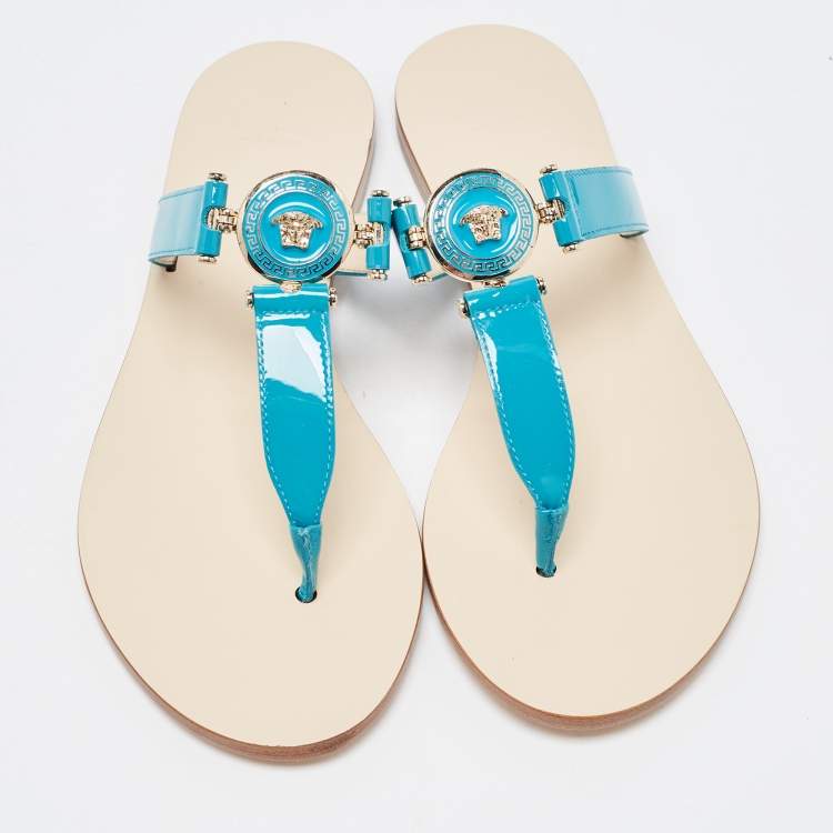 Pre Owned Versace Blue Patent Leather Medusa Thong Flats Sandals Size 38