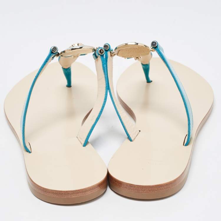 Pre Owned Versace Blue Patent Leather Medusa Thong Flats Sandals Size 38