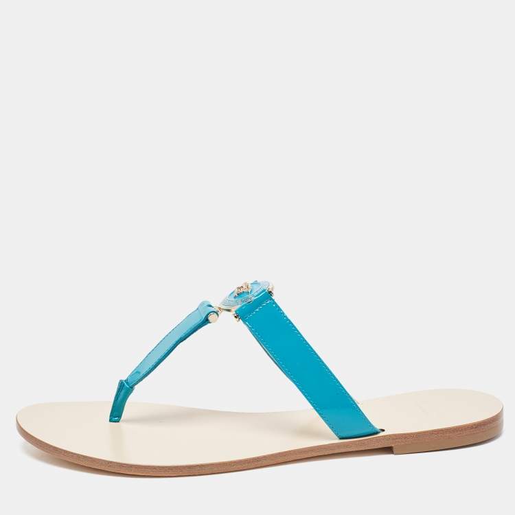 Pre Owned Versace Blue Patent Leather Medusa Thong Flats Sandals Size 38