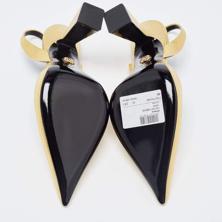 Pre Owned Versace Gold Foil Leather Medusa Pointed Toe Slingback Pumps Size 38