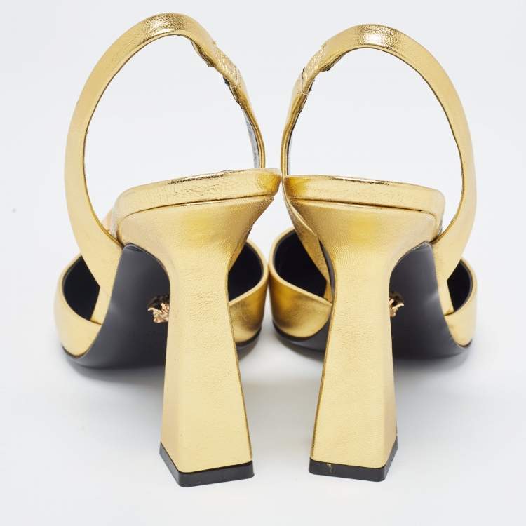 Pre Owned Versace Gold Foil Leather Medusa Pointed Toe Slingback Pumps Size 38