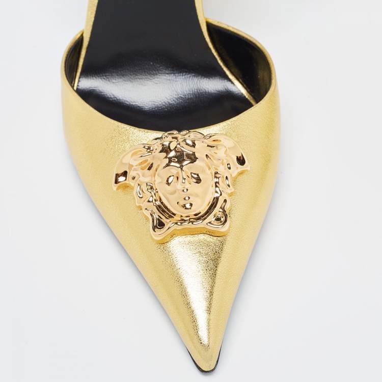 Pre Owned Versace Gold Foil Leather Medusa Pointed Toe Slingback Pumps Size 38